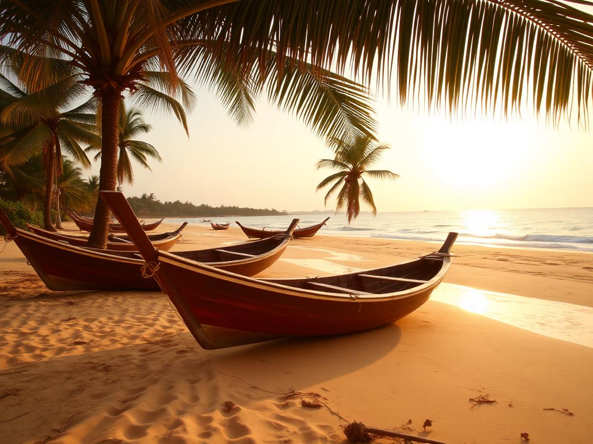 Wooden fishing boats on a Ghanaian beach at sunset