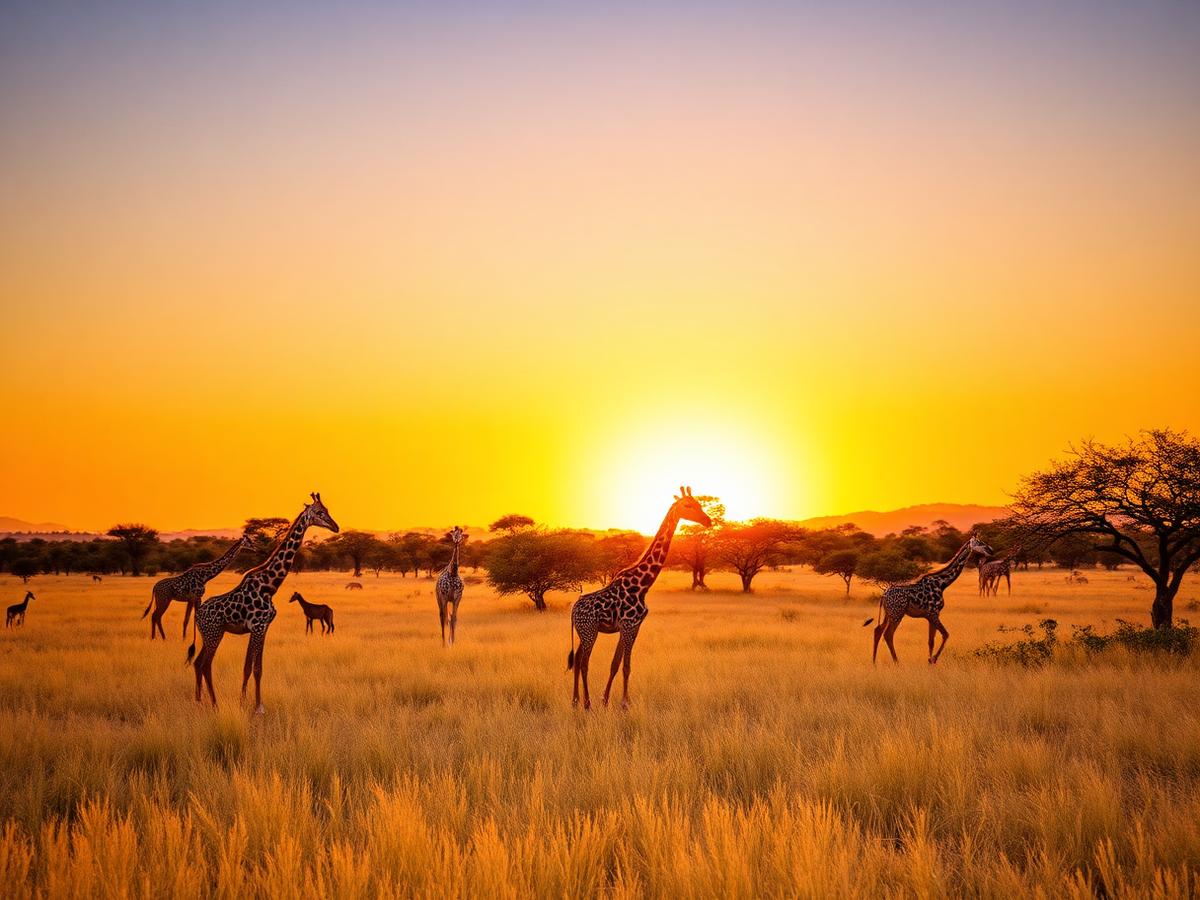 Giraffes crossing a golden savanna at sunset
