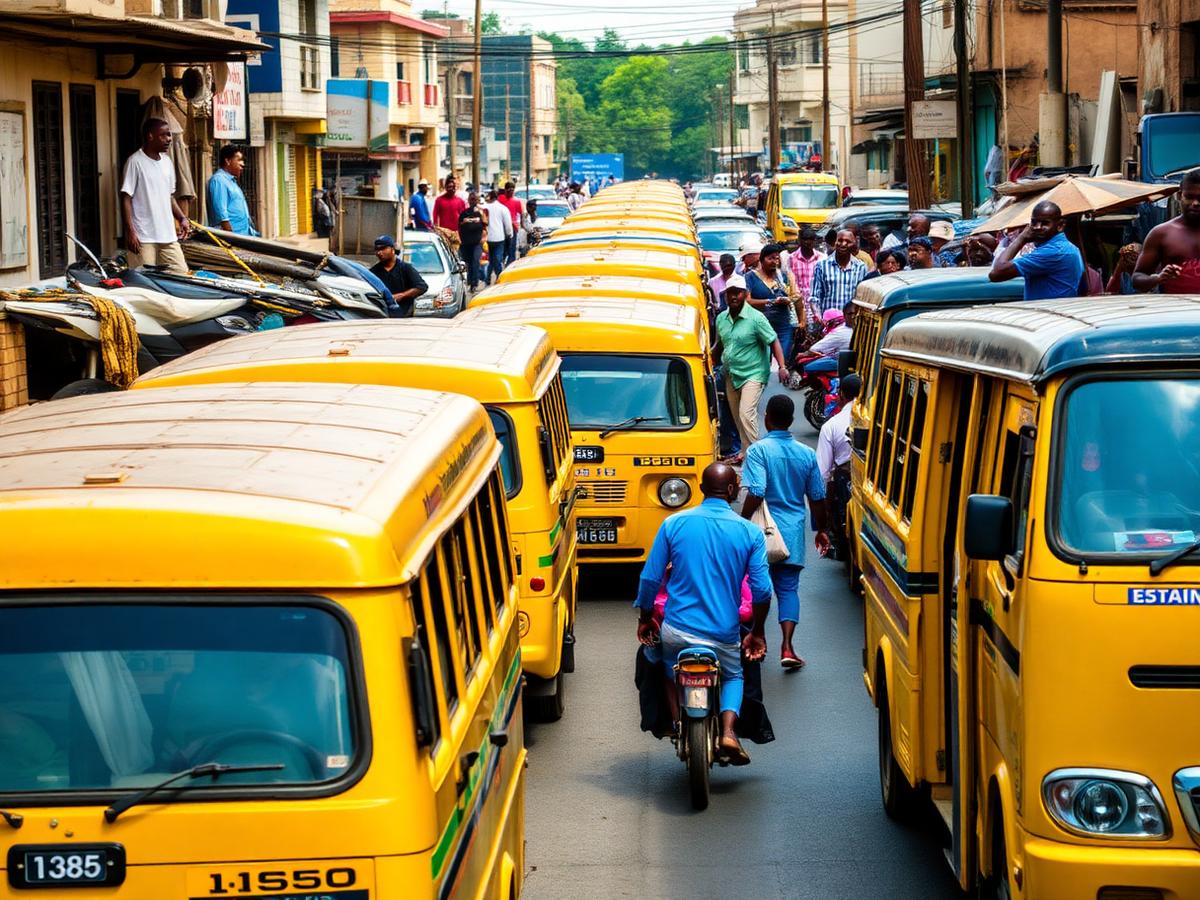 Busy Lagos street lined with yellow minibuses