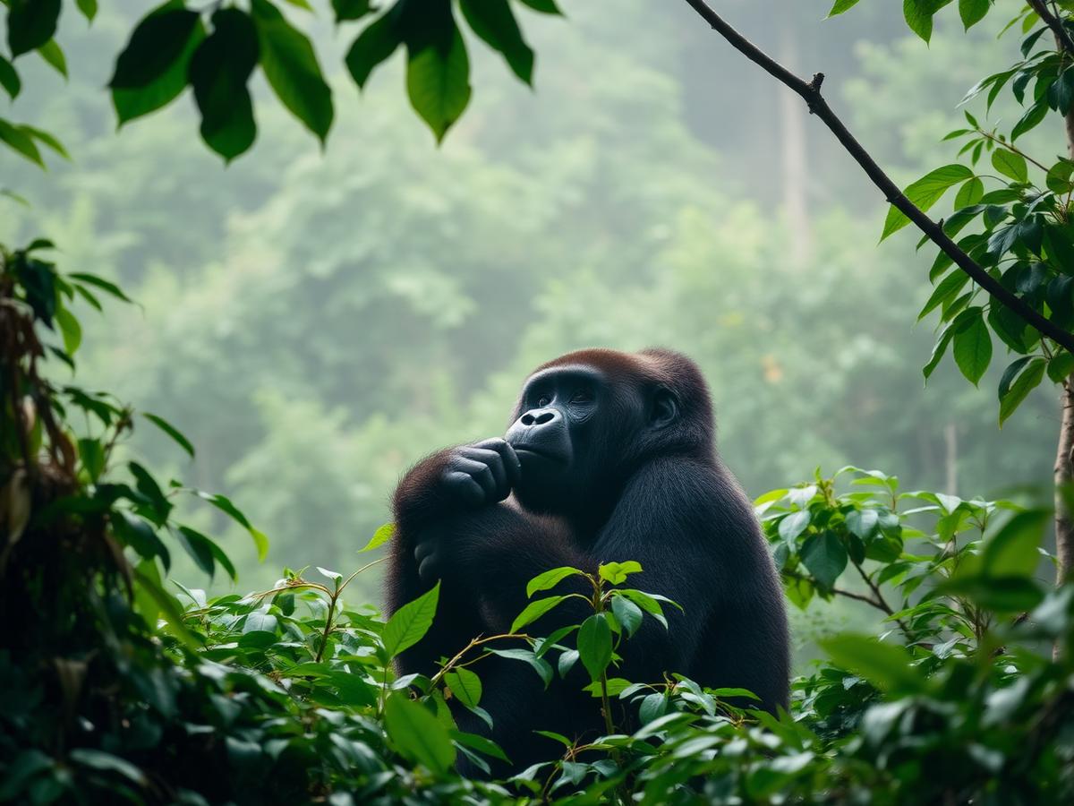 Mountain gorilla resting in misty rainforest