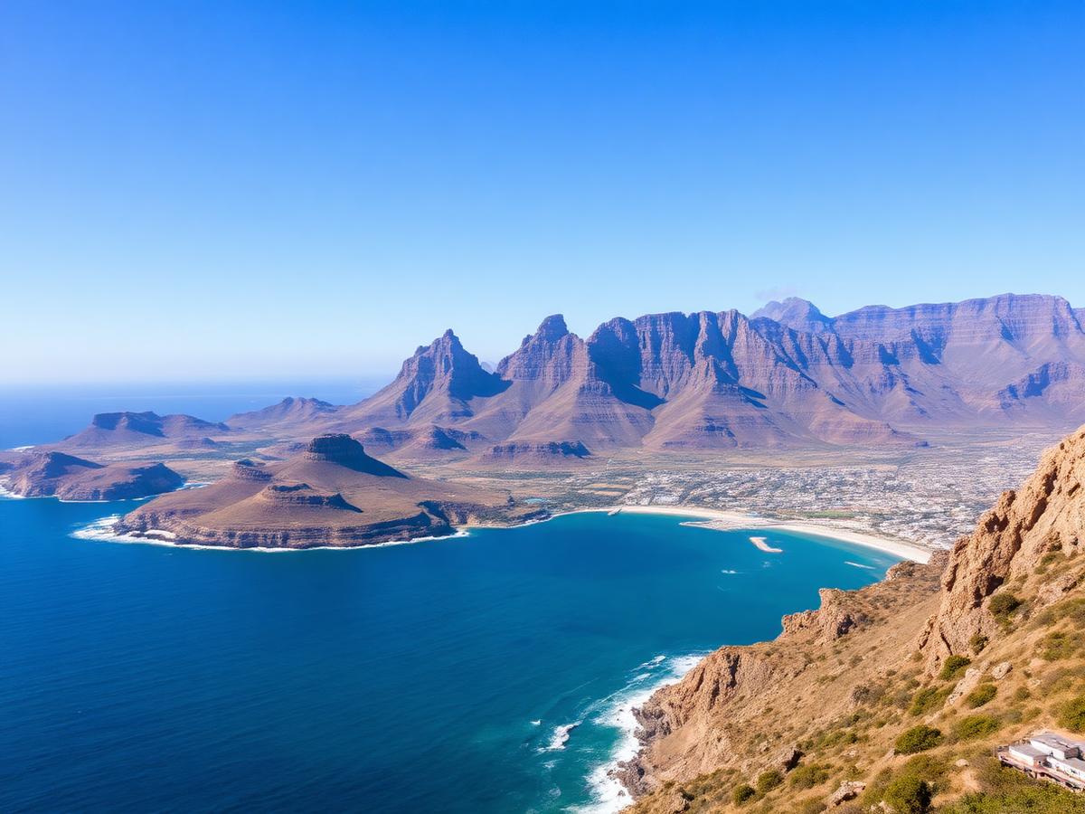 Coastal mountains above a deep blue ocean near Cape Town