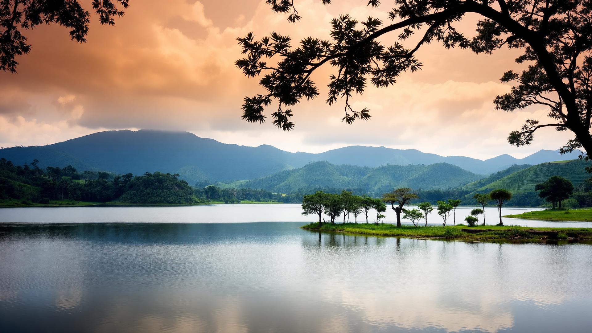 Green African hills and a calm lake at sunrise